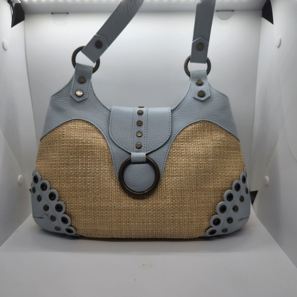 Tanner Italy woven Straw Leather blue Satchel Shoulder Bag